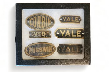 Collection Of Antique Brass Metal Company Tags Plates ~ Yale ~ Sargent ~ Corbin ~ Russwin