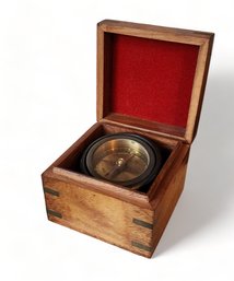 Reproduction Ships Compass In Wooden Case, 1980s ~ 4.5 X 4.5 X 3.5