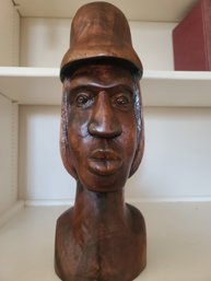 African Or Caribbean Folk Art/ Carved Wooden Bust Of Man With Bowler Or Riding Hat?