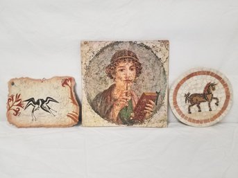 Pompein Fresco Woman Litho On Wood, Roman Mosaic Horse Medallion & Swallows/lillies Spring Wall Hangings