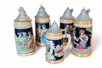 Set 5 20th Century Smaller Size German Porcelain Lidded Beer Steins