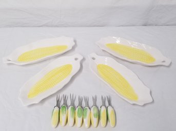 4-person Hoffritz Corn On The Cob Ceramic Plates With Holders - Made In Japan