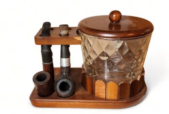 20th Century Walnut Glass Pipe Tobacco Lidded Jar With Pipe Stand, C1960s