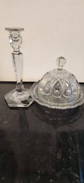 Glass Candle Holder And Lidded Candy Dish