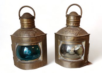 Pair Antique Brass Ships Port ~ Starboard Hanging Lantern Oil Lamp Lights, C1900