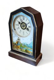 Antique 19th Century Reverse Painted Glass Door Pendulum Mantle Clock, Possibly Ansonia, C1890