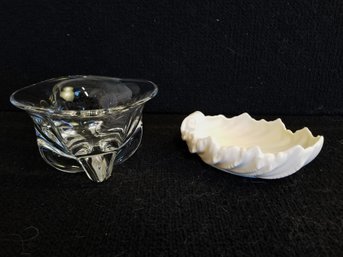 MCM Orrefors Crystal Pinched Base Candy Bowl  & Lenox Cream Porcelain Acanthus Leaf Bowl
