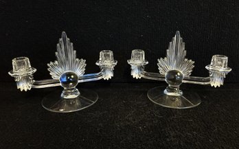 Vintage Fostoria Art Deco Double Arm Candlestick Holders With Tear Drop Clear Bobeche's