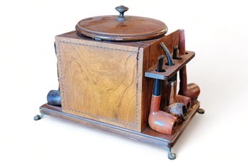 Antique Inlaid Edwardian Satinwood Dunhill 19th Century Humidor Box With Attached Pipe Stand, C1890