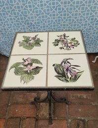 Vintage Indoor Pretty Small Hand Painted Tile Table Or Plant Stand On Wrought Iron Base