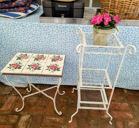 Two Vintage White Handpainted Wrought Iron Metal Plant Stands/Shelves,