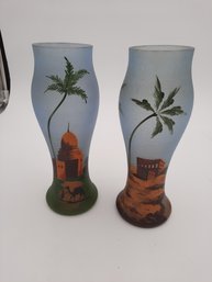 Antique Victorian Era DAUM FRERES Art Glass Vases- Rare Matched Pair- Desert Scene