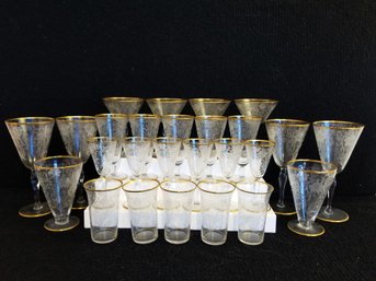 Lovely Vintage Lenox Fontaine Gold Trim Etched Crystal Stemware - 47 Pieces