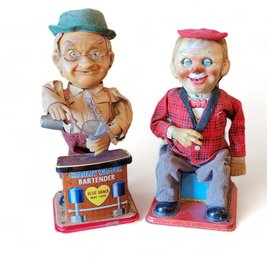 Pair Of Rosko Toys Battery Op Mechanical Moving Toys ~ Charlie Weaver Bartender ~ Smoking McGregor