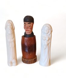 2 Adult Themed Phallic Figures ~ Pair White Porcelain ~ Hand Carved Wood Man In Barrel