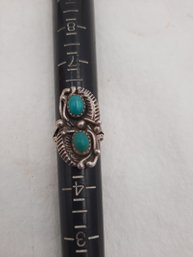 Old Pawn Navajo Sterling Silver Ring With A Pair Of Turquosie Cabochons