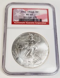 2003 American Silver Eagle Dollar  - NGC Slabbed MS69 Graded  Coin