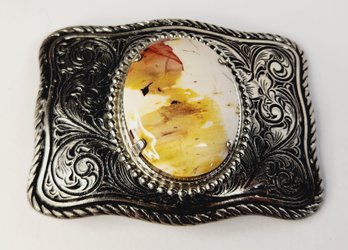 Vintage UNIQUE Silver Tone Belt Buckle With Large Stone Inlay