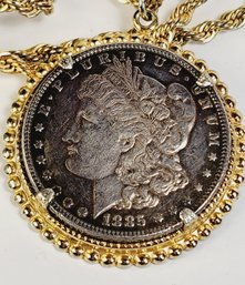 1885 Morgan Silver Dollar  In Bezel Pendant With Thick Rope Chain Gold Tone Necklace