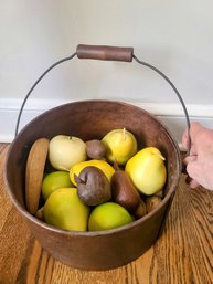 Vintage Metal Bowl With Handle And Faux Fruit