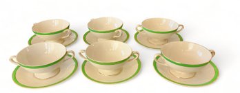 Set 6 Antique Soho Solians Ware Queens Green Pattern Double Handled Bouillon Cups & Saucers. C1920