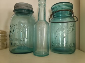 Trio Of Vintage Blue Glass Ball Jars And Bottle