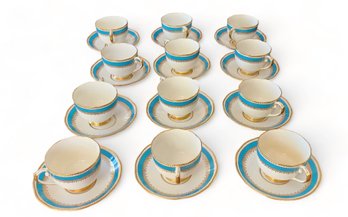 Set 12 Antique English Salisbury China Porcelain Bradley's Turquoise & Gilt Tea Cups And Saucer, C1900