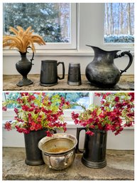 Nice Grouping Of Vintage Pewter Mugs Pitcher And Cups