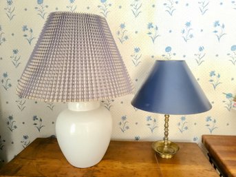 Pair Of Lamps/White Ceramic Lamp With Shade /Brass With Navy Lamp Shade P