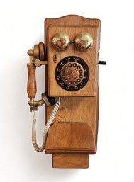 Working Reproduction Oak Wall Mounted Telephone 20 X 10 X 7.5 Inches