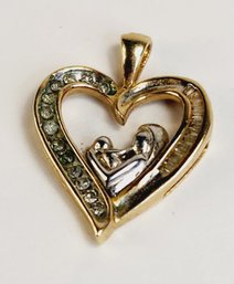 10k Gold 2 Tone Heart With Mother And Child Pendant With Studs