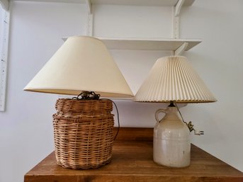 Stoneware Table Lamp Paired With Wicker Table Lamp