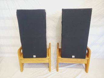 Pair Of KEF C55 Uni-Q Technology Black Bookshelf Speakers With Wood Stands