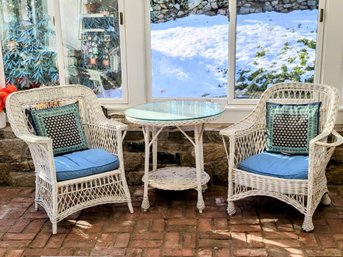 Wicker Armed Chairs With Round Wicker Table With Glass Top And Bottom Shelf /Indoor/ Outdoor