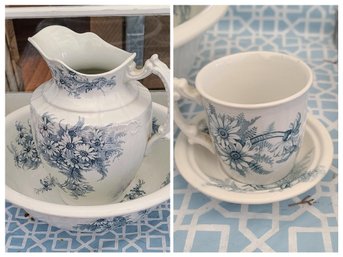 Lovely  Vintage Daisey Booths England Semi Porcelain Washer And Pitcher Plus Matching Shaving Cup