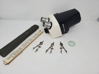 Scientific Insturment LOT - Baush & Lomb Stereozoom 7 Microscope, Slide Rule, Small Math Compasses, Glass Lens