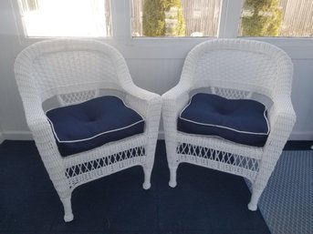 Pair Of Jeco White Resin Wicker Arm Patio Chairs With Cushions