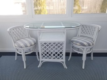 Vintage White Bamboo Rattan Dinette Set With Oval Table & Two Chairs