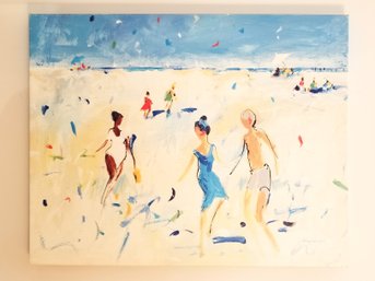 Summer Beach Day Canvas Oil Painting Signed By Artist