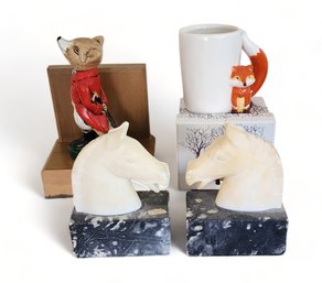 Pair Marble Horse Head Bookends & Fox Related Items