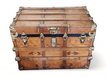 Antique Wooden Strap Flat Top Trunk ~ Storage Chest, C1900