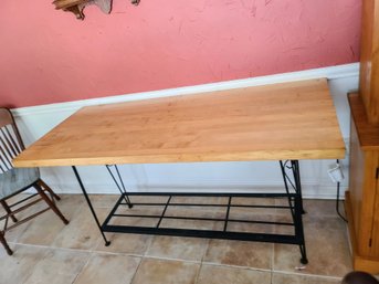 Nice Clean Lines On This Kitchen Butcher Block Table Top On Wrought Iron Base,