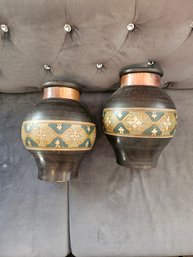 Two Plant Pots With Copper Trim