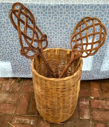 Tall Vintage Rattan Or Bamboo Basket With Two Vintage Rug Beaters