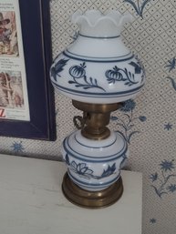 Very Pretty Blue And White Hurricane Lamp  With Two Light Features, Mid Century 70's