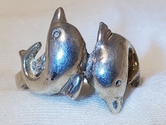 Sterling Silver Size 7 Unique Double Dolphin Ring ~ 4.00 Grams