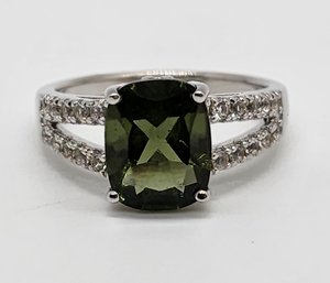 Green Moldavite, White Topaz, Rhodium Over Sterling Ring