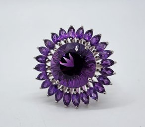 African Amethyst Sunflower Ring In Platinum Over Sterling