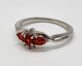 Mexican Fire Opal, White Zircon Ring In Platinum Over Sterling