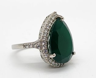 Green Onyx, White Zircon Ring In Platinum Over Sterling